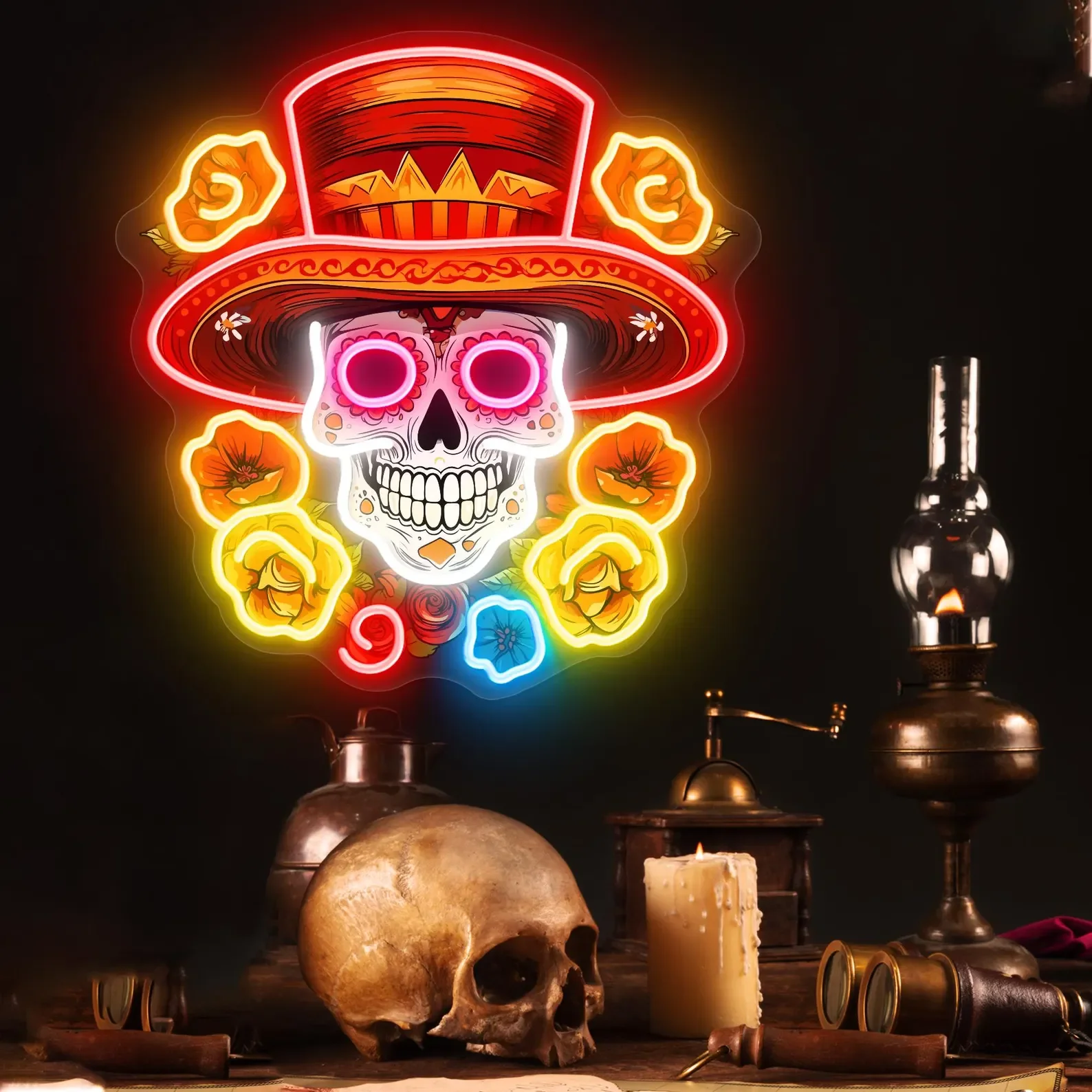 Day of the Dead Neon Sign Mexican Sugar Skull LED Neon for Home & Bar UV Printed Decor Halloween & Día de Muertos Party Decor