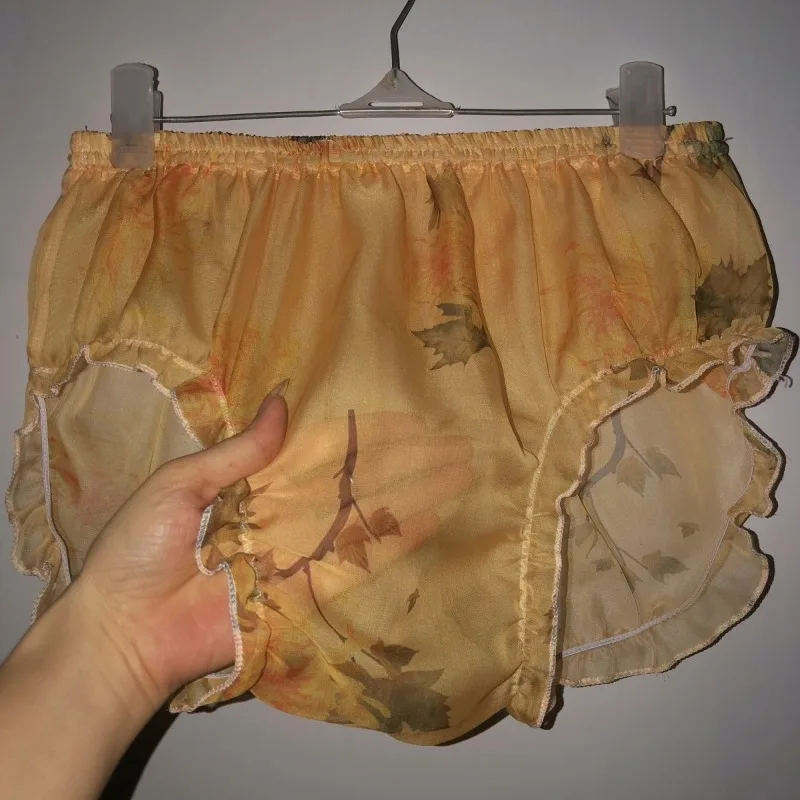 New Sexy Couple Underwear Silky Soft Print See-through Briefs Men's and Women's Flat Waist Triangle Shorts Home Underpants