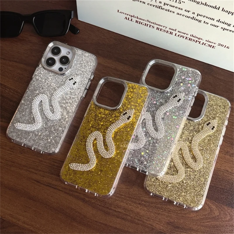 3D Luxury Glitter Phone Case For iPhone 16 Pro Max 15 Pro 14 13 12 Rhinestone Golden Snake Shockproof Transparent Cover