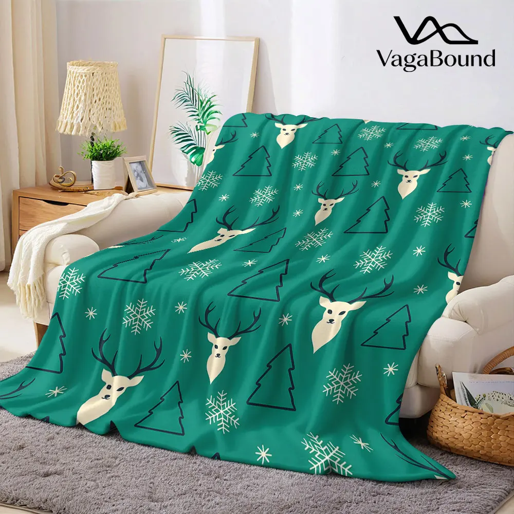 Teal Christmas Reindeer Tree Flannel Blanket Warm Soft Halloween Christmas Decorative Couch Warm Cozy All-Season Gift
