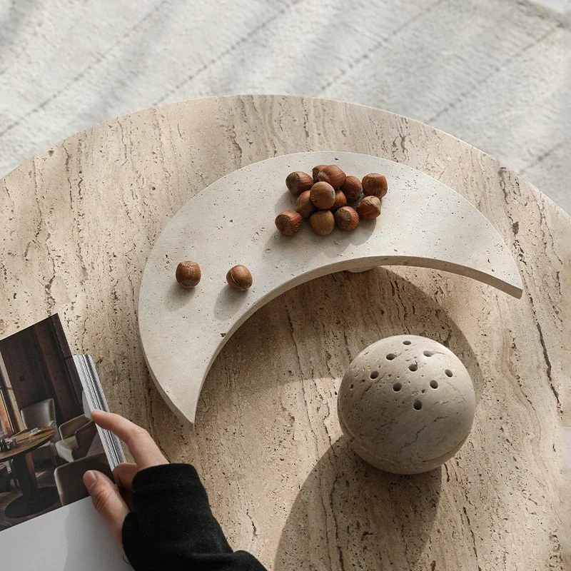 Wabi Sabi style natural travertine moon shaped tray design ornament sample room home hotel desktop fruit tray jewelry decoration