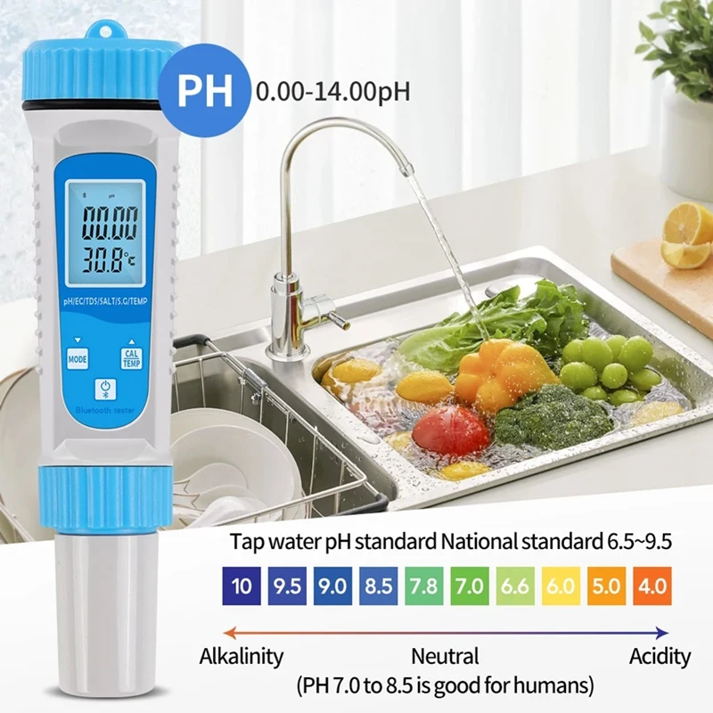 Bluetooth 6-In-1 TDS Meter Digital Water Tester EC TDS SALT SG Temperature PH Meter Aquarium Water Tester Durable