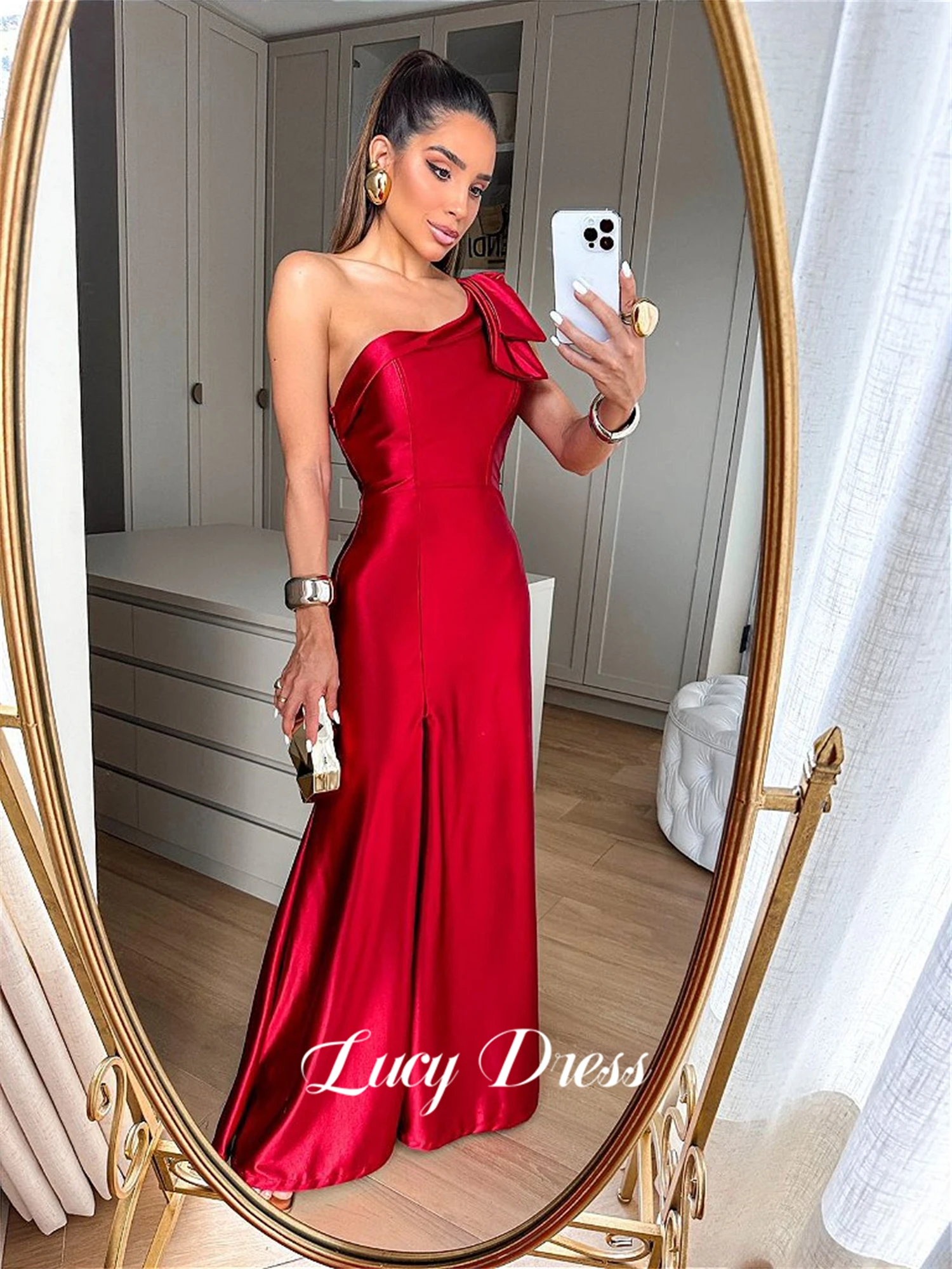 Lucy Red Wedding Party One Shoulder Sleeve Bridesmaid Dress Mermaid Satin Graduation Gown Elegant Evening Dresses 2024 Prom