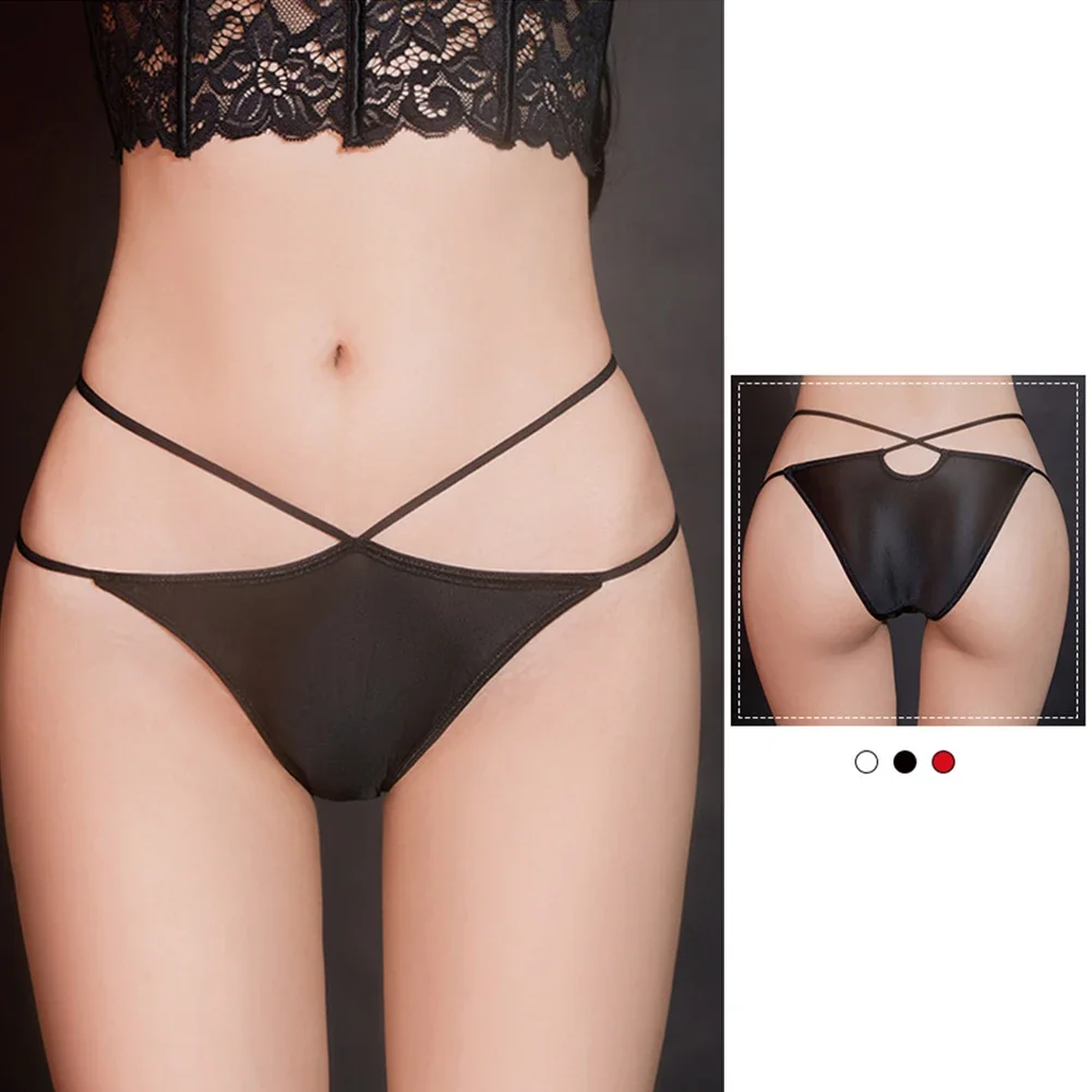 

Women Elastic Briefs Cross Low Waist Sheer Underwear Seamless Panties Oil Shiny Thongs G-Strings Lingerie Hollow Underpants