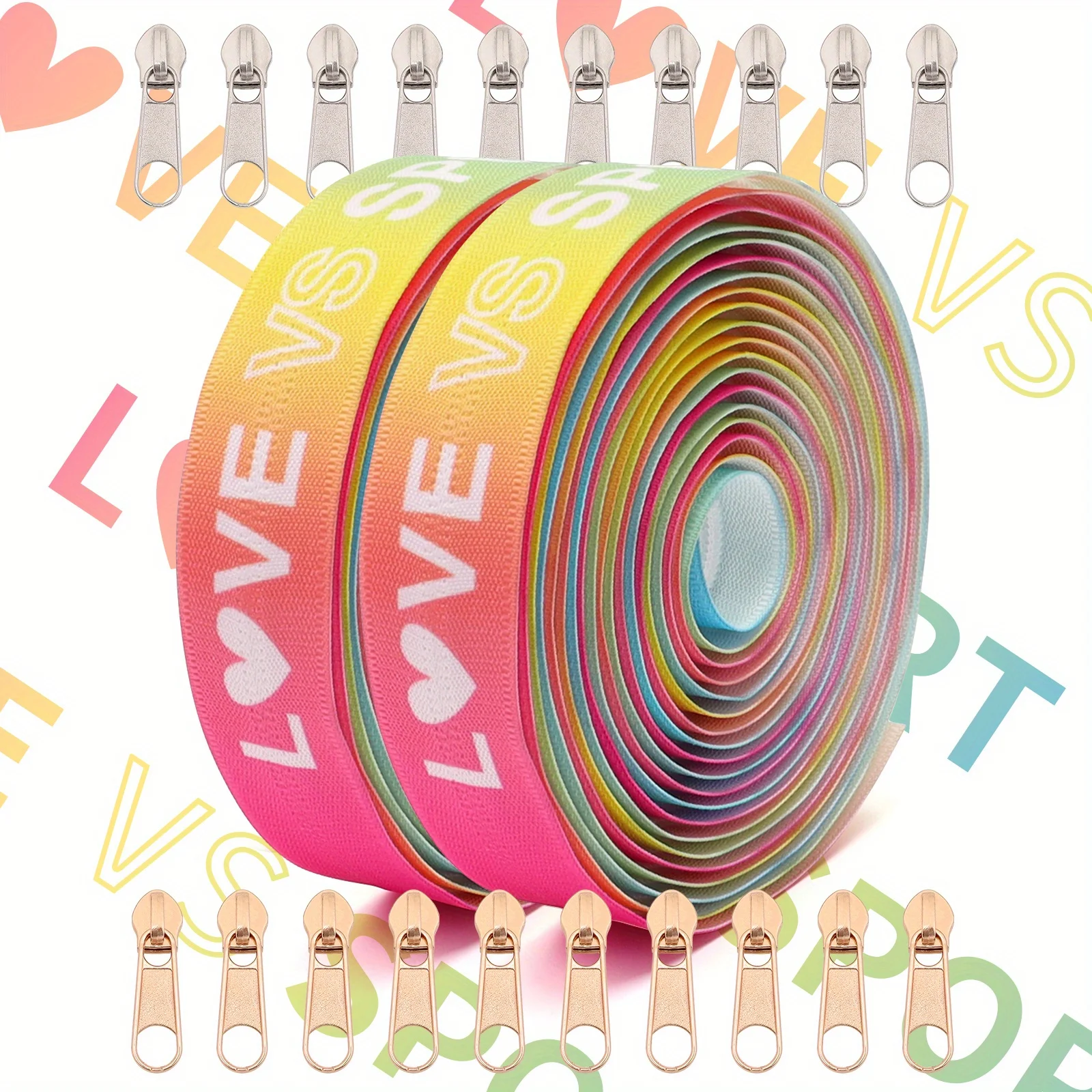 LOVE-Muster, Größe 5/450 cm (177,16 Zoll), Reißverschluss + 10 Reißverschlussköpfe, 5 # Reißverschluss