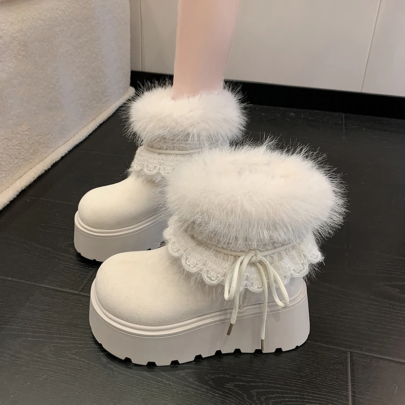 

Women's Winter Casual Thick Bottom Heightening Snow Boots Fleece Lined Comfortable Cotton Shoes with Bow Knot Design