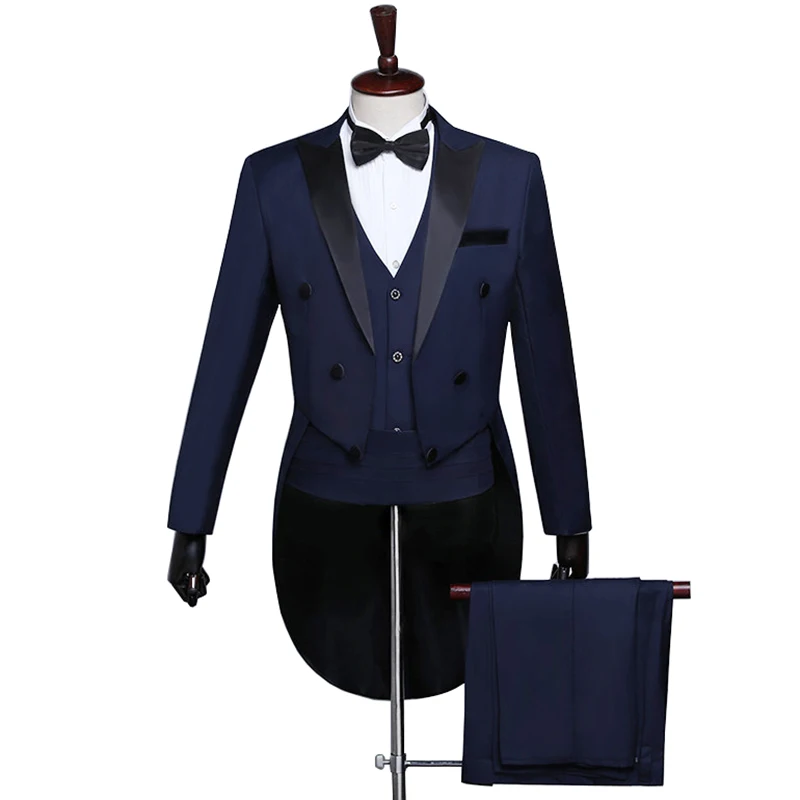 Homens smoking tailcoat formal vestido ternos andorinha cauda casaco azul marinho masculino jaqueta ternos festa de casamento dança desempenho mágico