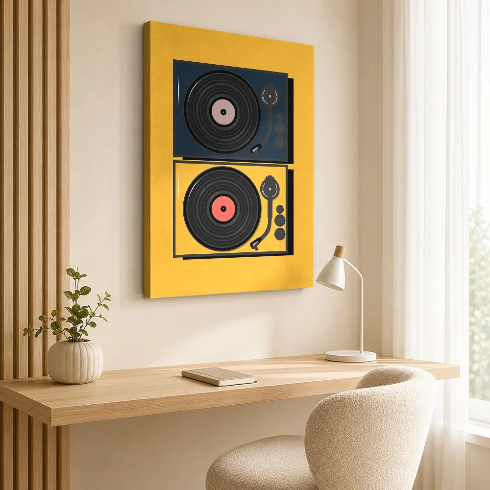 Two Turntables In Color Blocks Canvas Poster Personalized Photo Minimalist Composition Wall Art For Bedroom Listening Corner