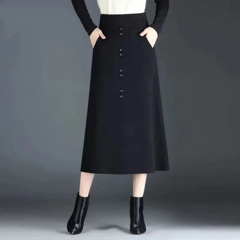 Thickened Knitted Skirt Women in Autumn Winter New Style Mid-length Elastic A-line Slimming Hip Skirt High Waist Umbrella Skirt
