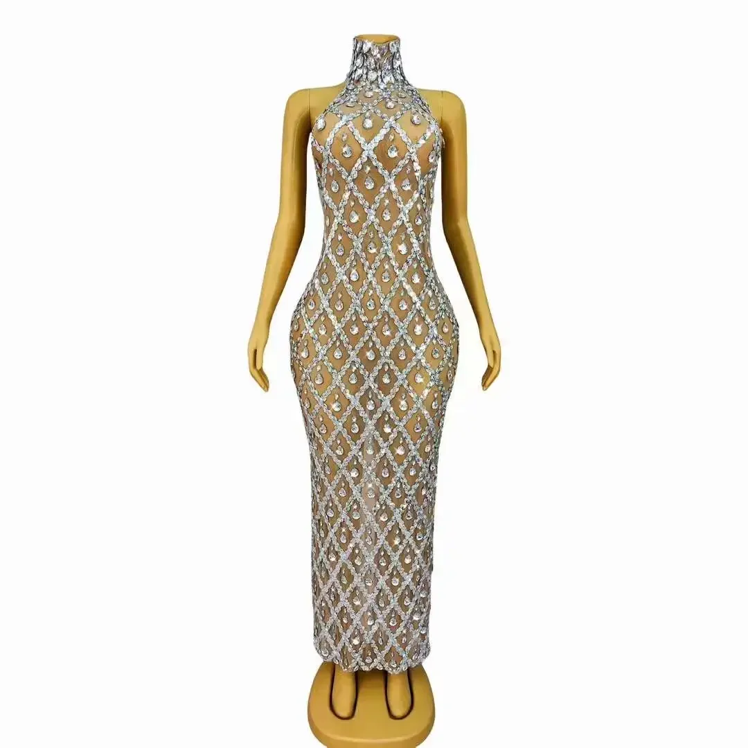 Sparkle Diamonds Dress Fashion Women Prom Gowns Stage Wear Singer Birthday Vintage Sequin Long Dress Banquet Ds Dance Outfits