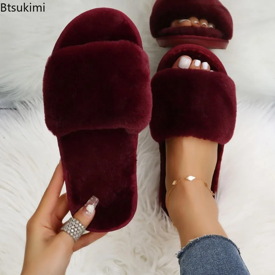 New Women's Winter House Furry Slippers Non-Slip Casual Indoor Flats Floor Shoes Ladies Flip Flops Solid Colors Plush Warm Shoes