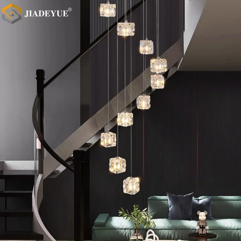 Modern minimalist glass chandelier LED staircase rotating cube long chandelier living room headlight 110V 220V