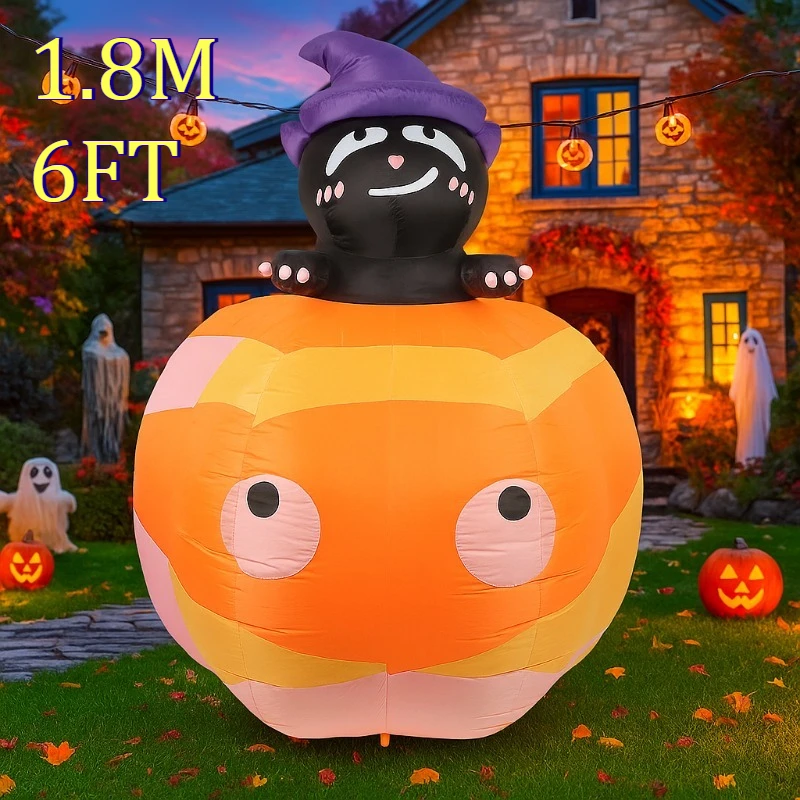 6FT インフレータブルおもちゃ黒猫カボチャに座るハロウィン装飾屋外庭庭家の装飾光るおもちゃインフレータブルモデル