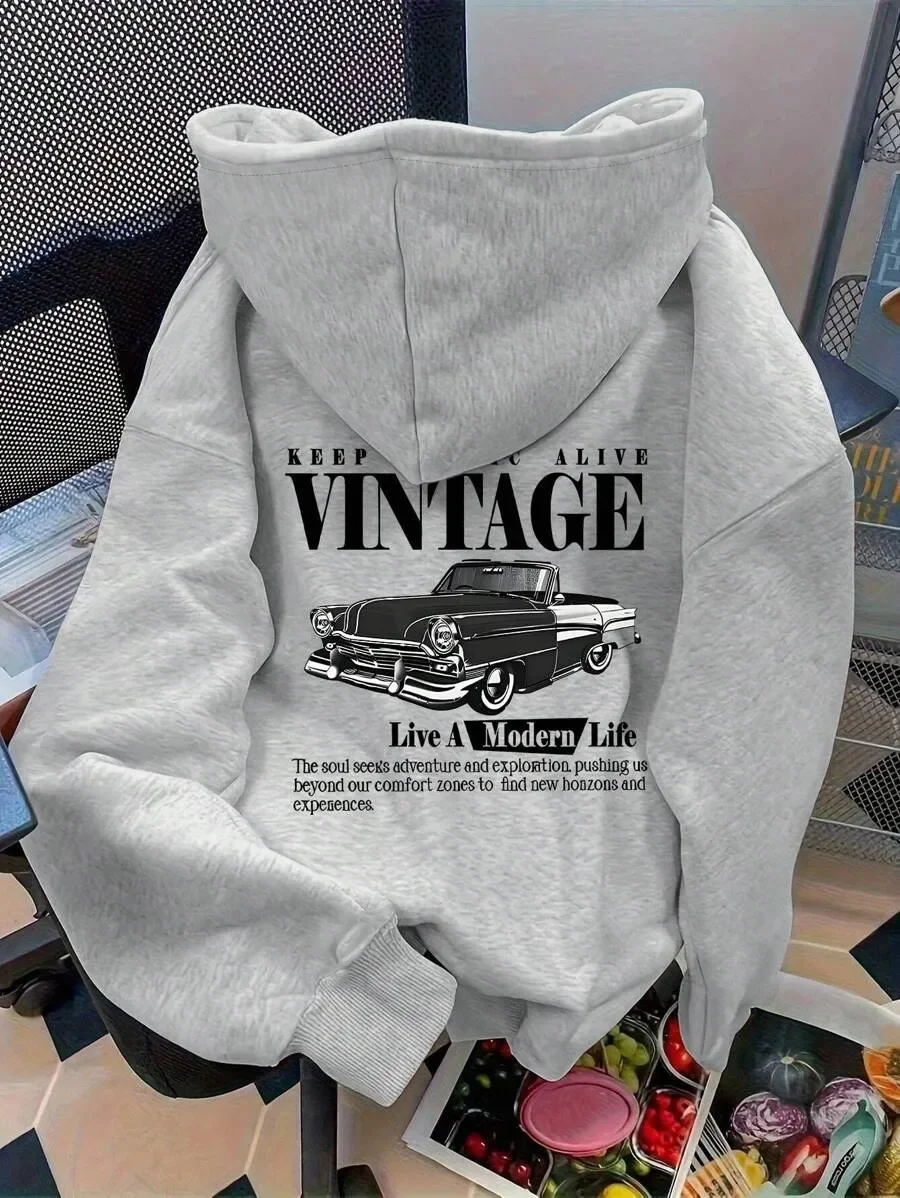 

Vintage - Themed Pure Cotton Hoodie Showcasing Classic Car Art and Modern Life Slogan - Stand - Out for Stylish Looks