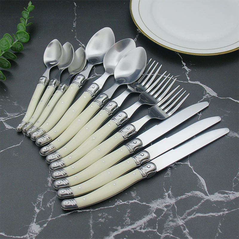 Laguiole White Tableware Set Plastic Handle  6 Stainless Steel Steak Knives 6 Dinner Forks 6 Tablespoons 6 Teaspoon Home 24pcs