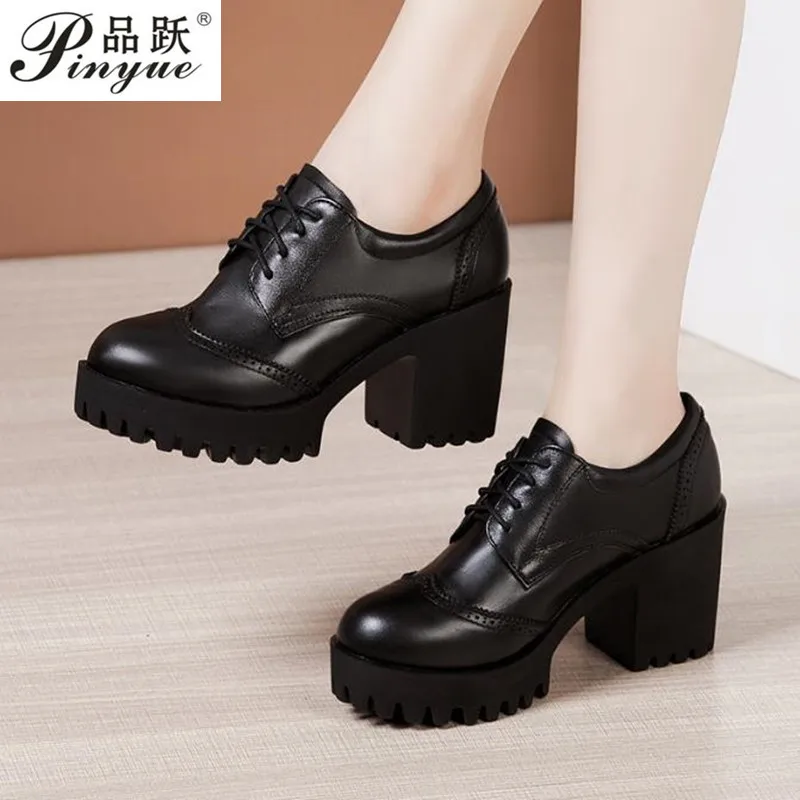 8cm women Work shoes with Thick High Heel pumps Round Toe Platform Microfiber leather lace up Casual Shoes Size 32-43