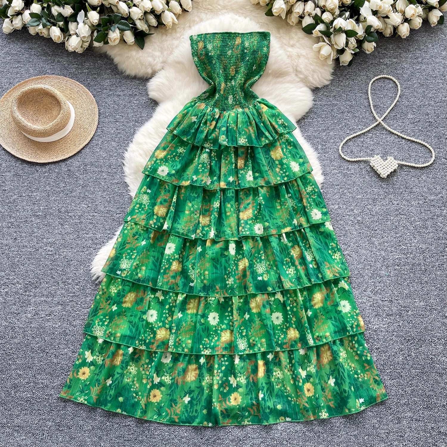 Vintage Boho plage vert robe longue femmes été sans bretelles sans manches dos nu robe à volants Sexy soirée robes d'anniversaire