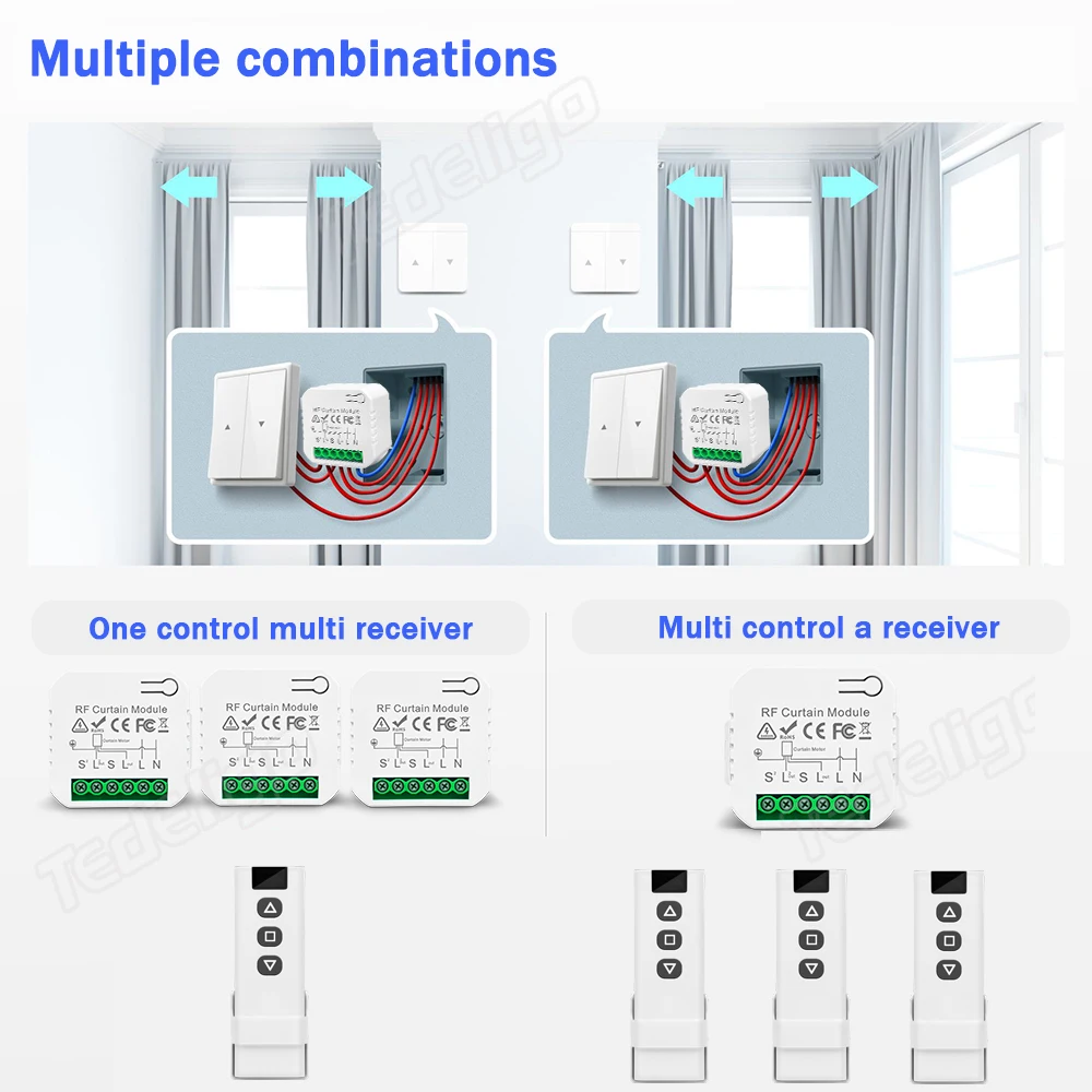 433MHz Wireless Curtain Switch Remote Control System AC 220V 10A rf Relay Receiver and Transmitter for Curtains/Motors/Blinds