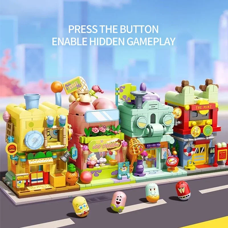 Spongebob Squarepants Bouwstenen Dubbellaags Straatbeeld Hamburger Huis Ijssalon Kunstgalerie Bakstenen Set Kinderspeelgoed