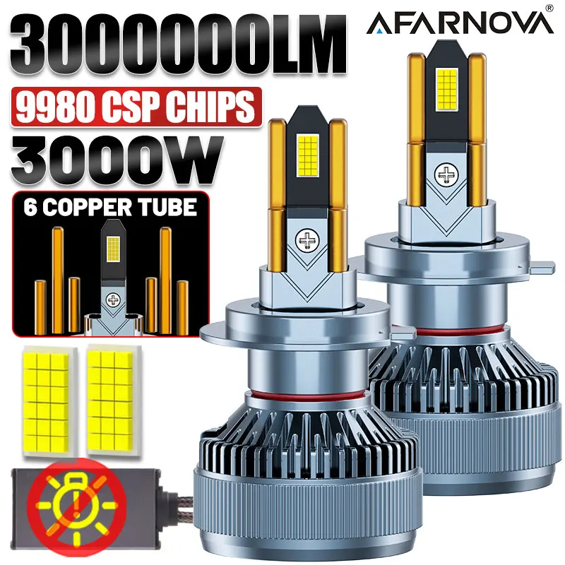 

3000 Вт H7 H4 Светодиодные автомобильные фары 6 медных трубок 6000K H1 H8 H9 H11 9005 9006 Высокомощные светодиодные лампы 9980 CSP для автомобильных ламп