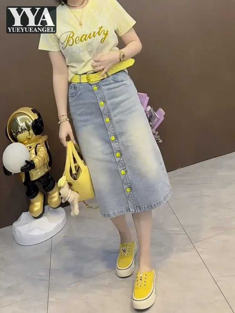Women New Summer Women Light Blue Knee Length Slim Fit Wrap Denim Skirt Office Ladies Casual High Waist A-Line Skirts Streetwear