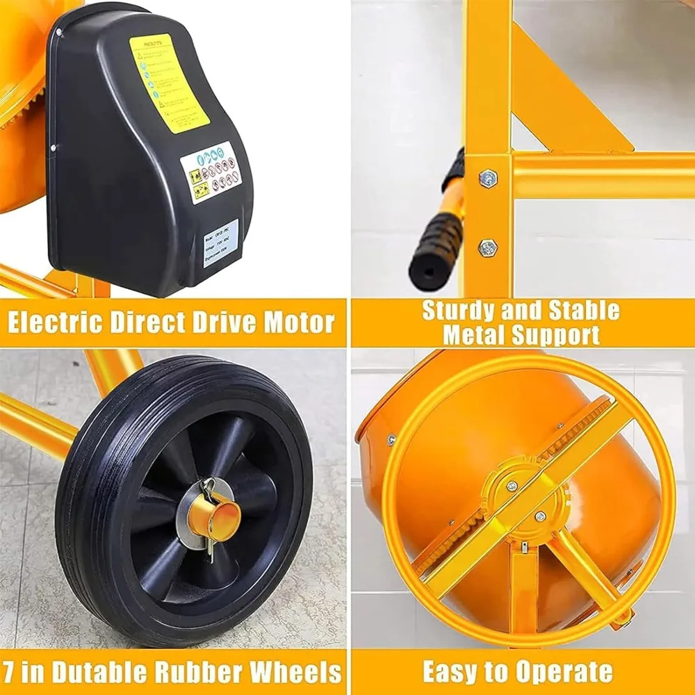 خلاط خرسانة كهربائي أصفر مطور، 5 قدم مكعب. خلاط أسمنتي، خلاط خرسانة أسمنتي محمول 1/2 حصان مع محرك 550 وات وعجلات 7 بوصة #5