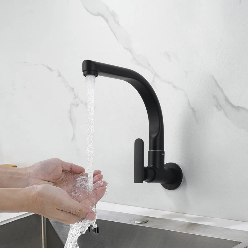 صنبور حوض المطبخ البارد المفرد المثبت على الحائط قابل للدوران 360 درجة °   صنبور حوض السفينة، صنابير المطبخ الحديثة ذات الفتحة الواحدة، أسود غير لامع #3