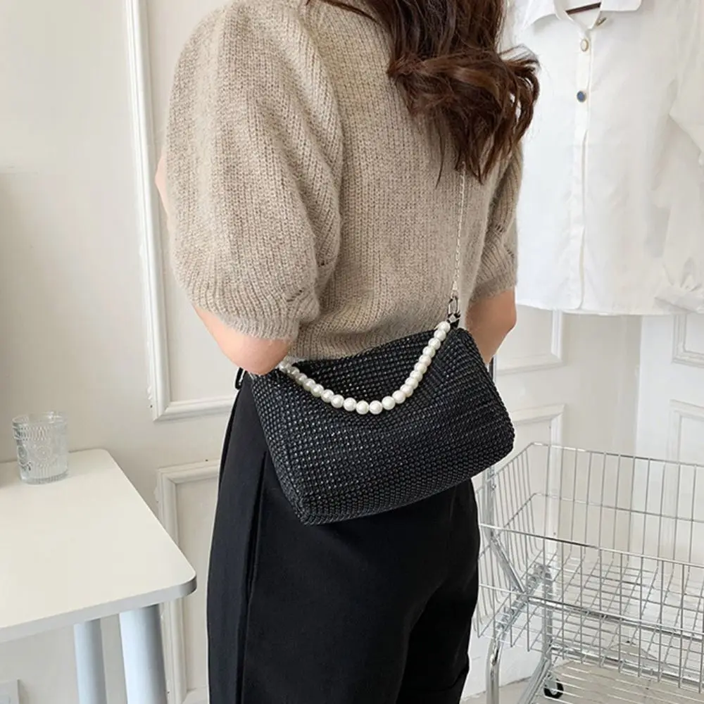 Large Capacity Rhinestone Handbag Pearl Chain Mobile Phone Bag Small Square Bag Coin Purse Crossbody Bag Women Shoulder Bag