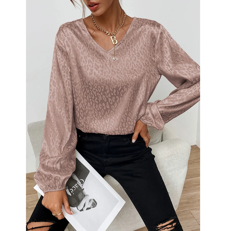 Long Sve imprimé léopard v-ne pull haut été Faion femmes coupe ample irt décontracté Sle couleur Pure Polyester matériel