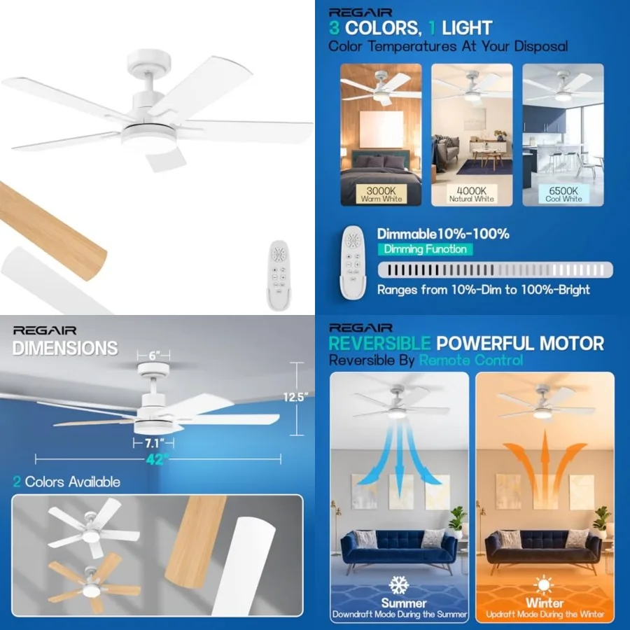 

Ceiling Fan with Light, Remote Control Reversible DC Motors, 3CCT Dimmable Timer Noiseless, White Ceilg Fan for Bedroom Livg Ro