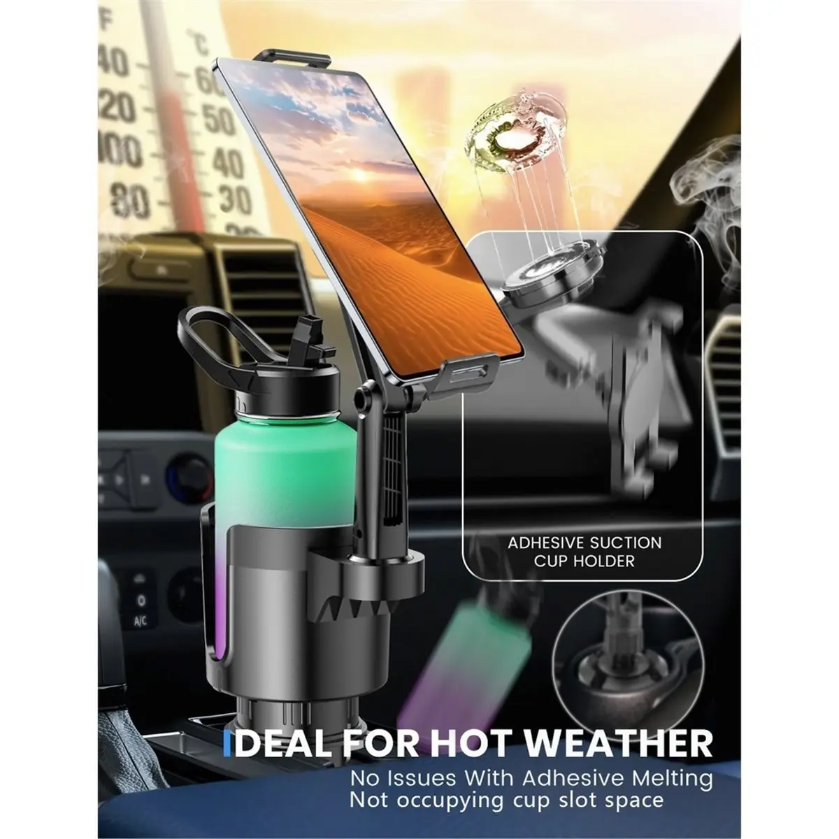 Universal 2 in 1 Car Cup Holder Expander & Phone Mount, Adjustable Base, 360° Rotating Long, Large Capacity Drink Holder