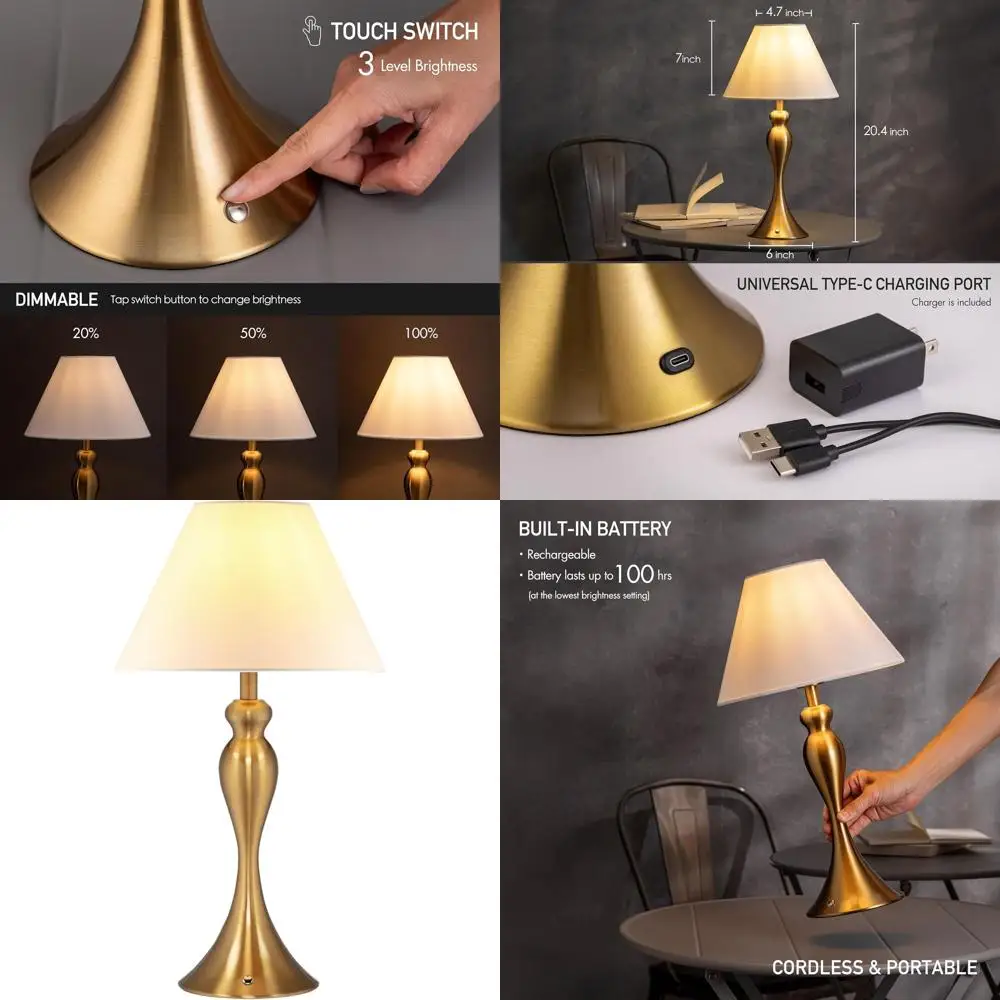 

Rechargeable Touch-Dimmable LED Table Lamp with Battery Operation, Type-C Charging, Suitable for Bedroom, Living Room, Office, A