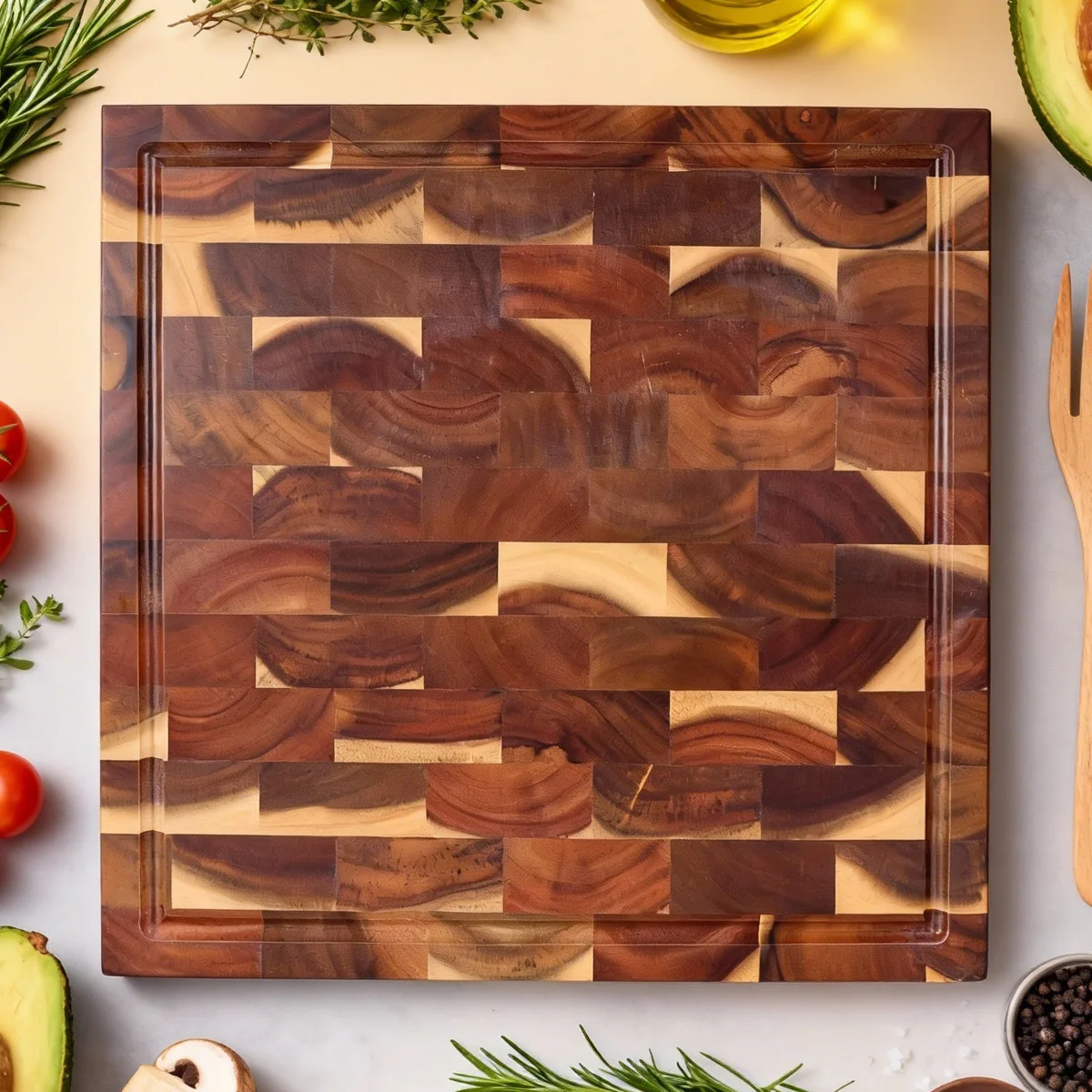 Acacia Wood End Grain Cutting Board, 13.98x13.98x1.1 in Nice Chopping Board End Grain Wooden Butcher Finished with Juice Groove