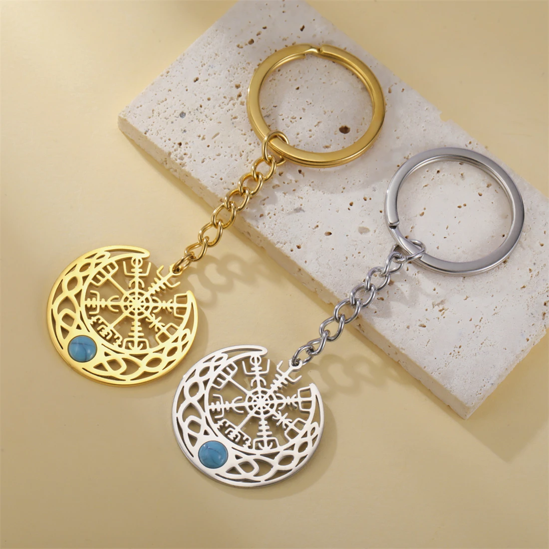1pc Viking Compass Keychain for Women Men Hollow Crescent Symbol Keyring Stainless Steel Backpack Accessories Jewelry Gift