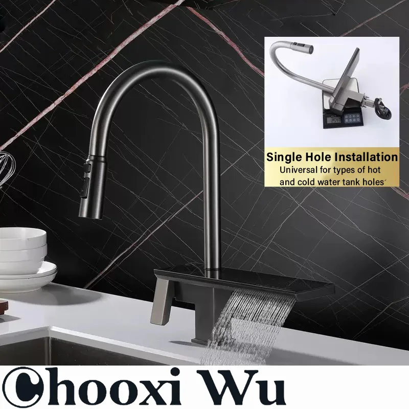 

Kitchen sink single hole faucet, hot and cold dual control, multi-function spout, ceramic valve core, pull-out design
