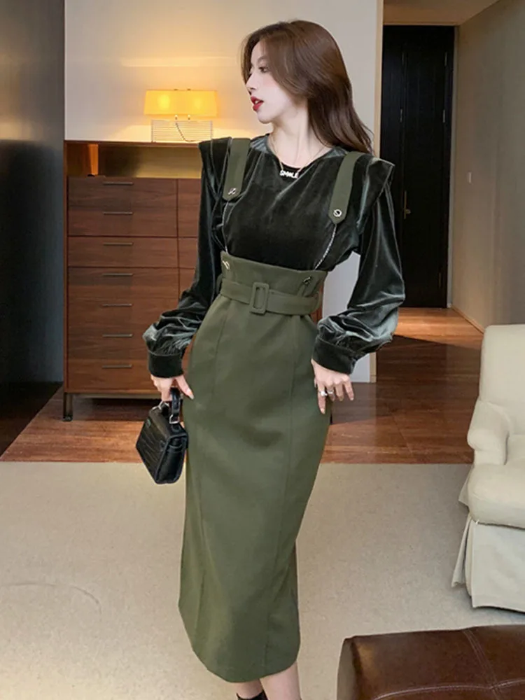 

Sling Dress 2 Piece Set Women's Autumn Winter Pullover Sweater + Corduroy Strap Split Dress Suit Lady Elegant Sexy Dress