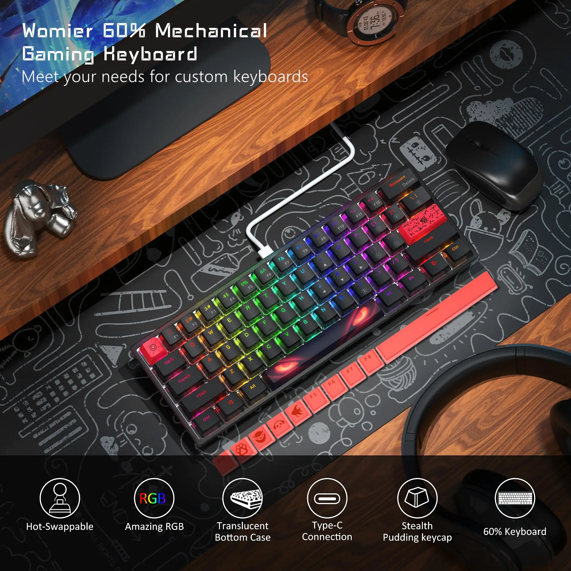 Womier WK61 Black 60% Gaming Mechanical Keyboard Hot Swap RGB Backlit Wired Ultra-Compact Pudding PBT Keycap for Win Mac