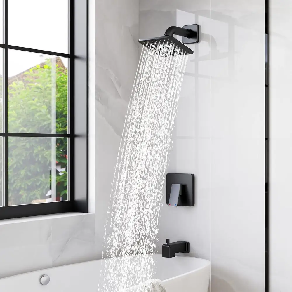 Conjunto de Chuveiro e Misturador com Chuveiro de Teto de 6 Polegadas, Bica para Banheira, Kit de Acabamento para Banheira com Monocomando, Preto Fosco