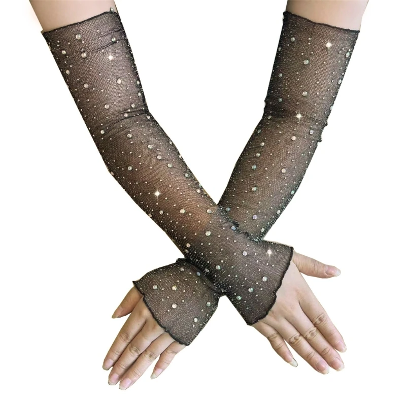 

1 Pair Transparent Rhinestone Arm Sleeves Women Elegant Breathable Fishnet Long Sleeve Cover for Party Club Dance Performance