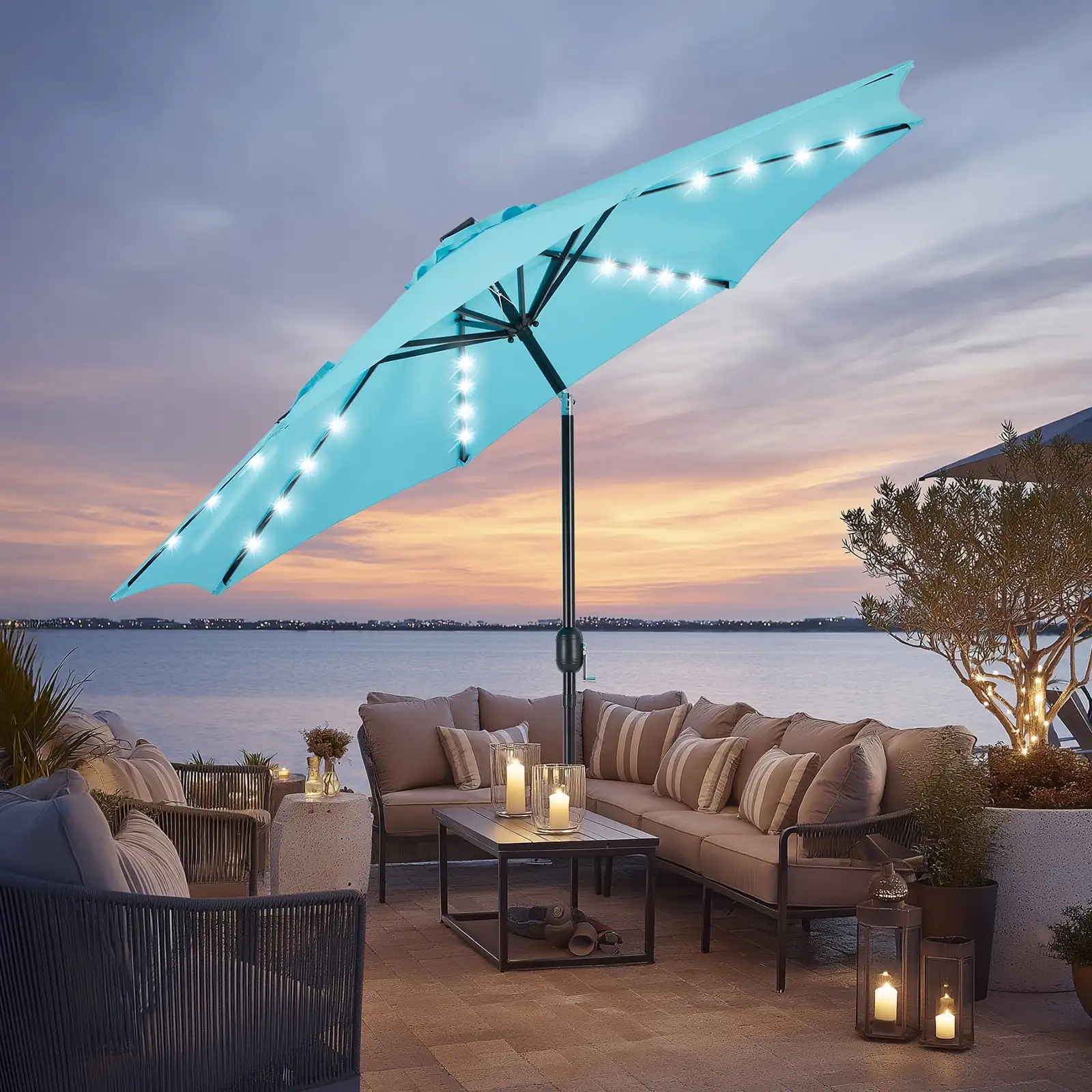 

10ft Solar Polyester 32 LED Lighted Patio Umbrella with Tilt Adjustment and UV-Resistant Fabric,Lake Blue