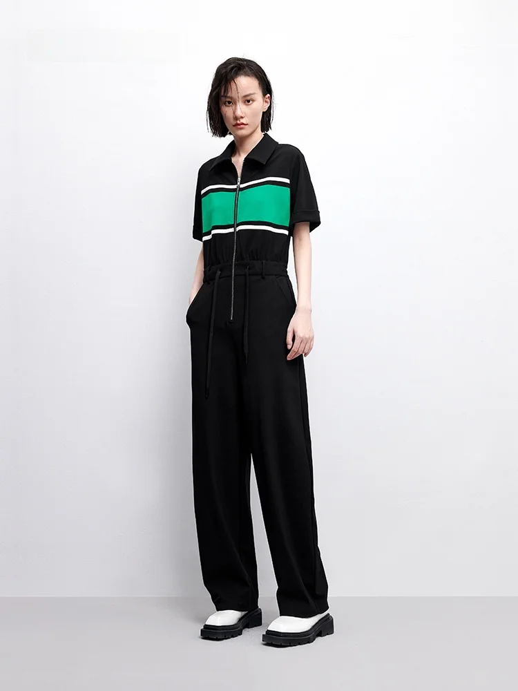 

XMOOM Summer New Vintage Patchwork Color Zipper Collar Rer Nylon Commute Sle mid Waist Long Pants Wide Leg Suit