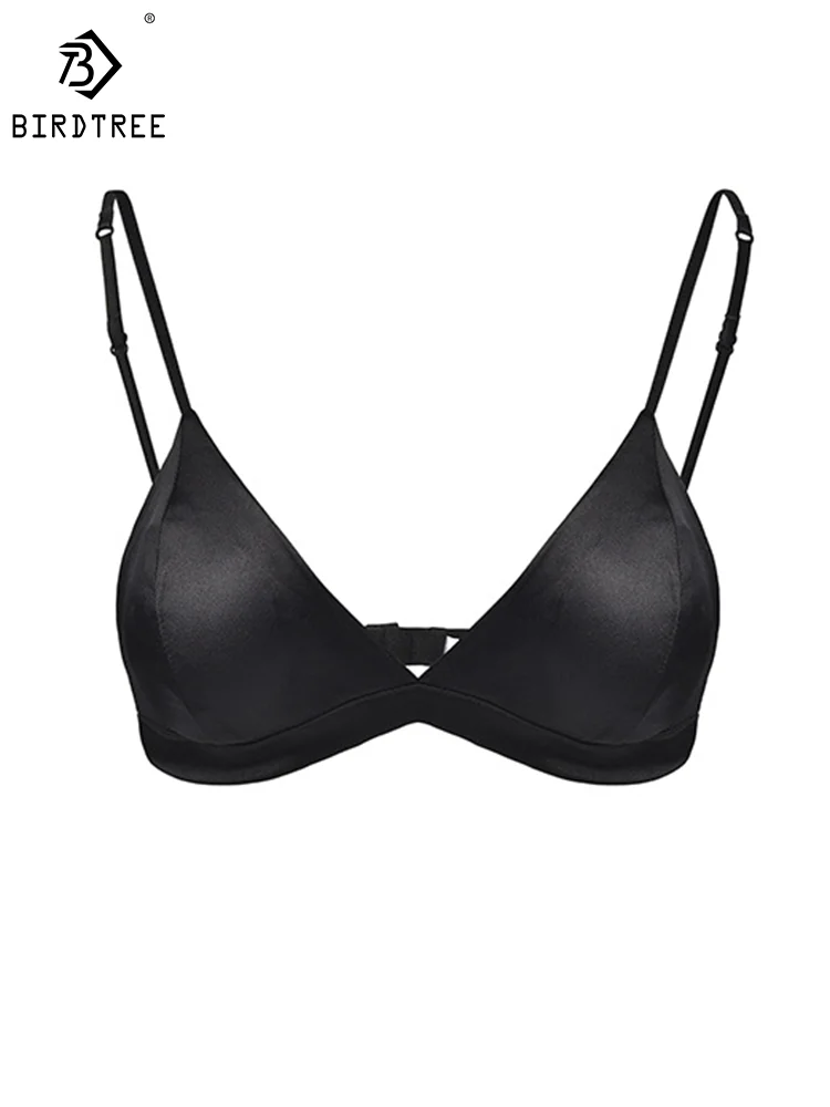 BirdTree 93% Silk None Steel Ring Bra, Women Sexy Silky Satin, Triangle Cup Underwear Briefs Set, 2024 Summer New S43994QM