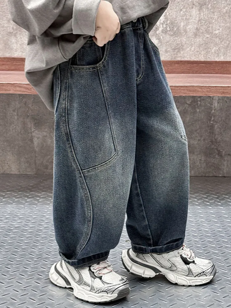 Spring Autumn Big Boys Jeans Versatile Casual Patchwork Kids Demin Pants Simple Simple Comfortable Teen Loose Trousers 2-13Years