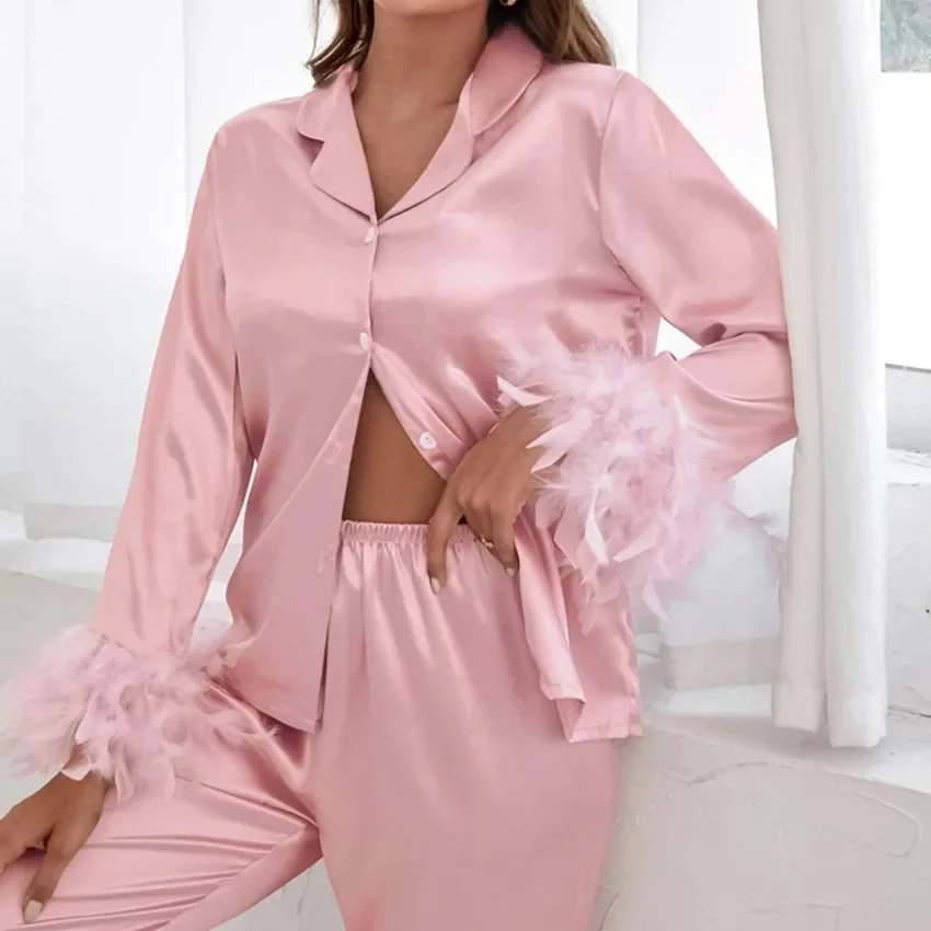 Feather Pajamas Women Night Clothes Ladies Blouse Pants Two Piece Set Women Outfit 2023 Sleeping Wear for Women Loungewear Set