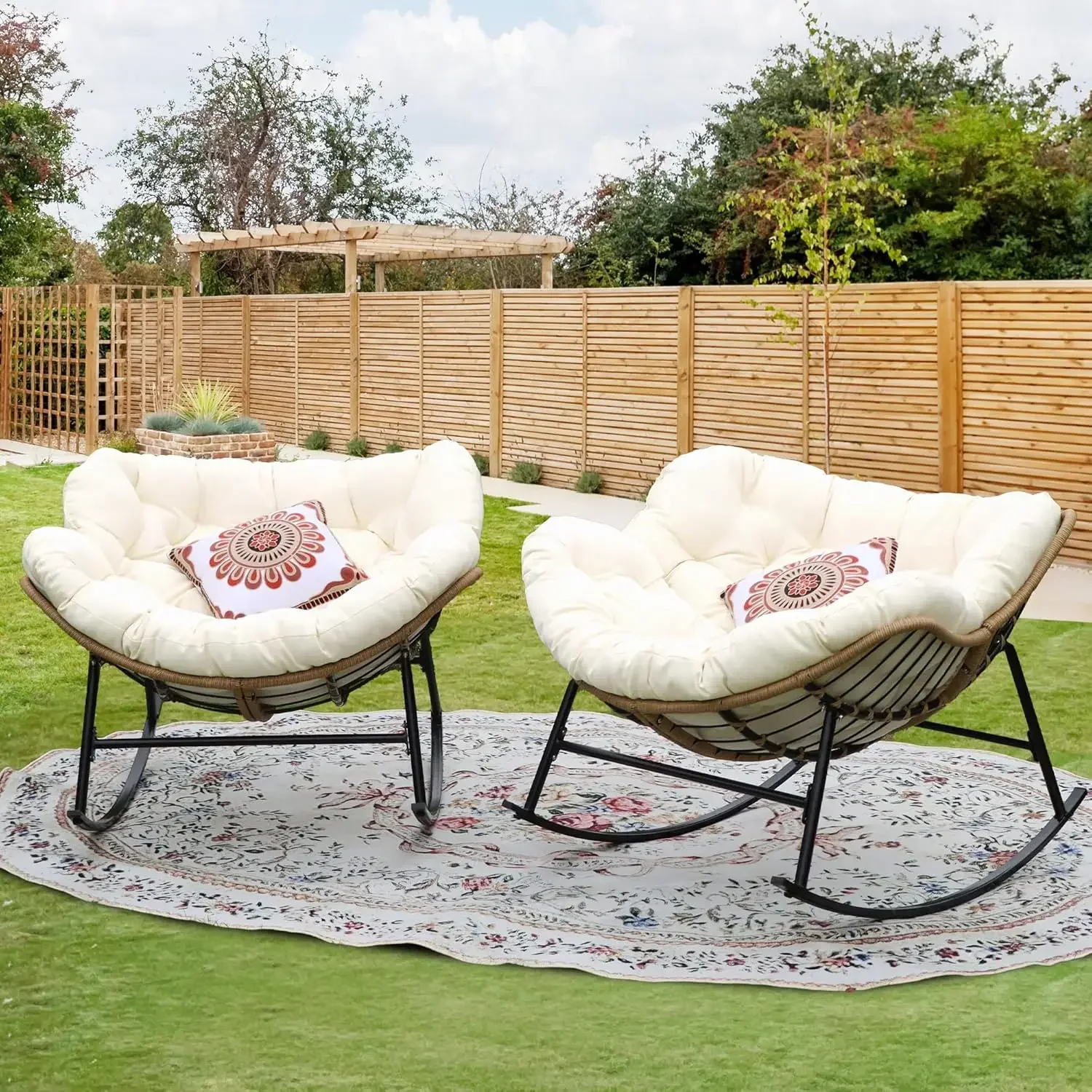 

ndoor Outdoor Rocking Chair with Cushion, Oversized Patio Papasan Rocking Chair