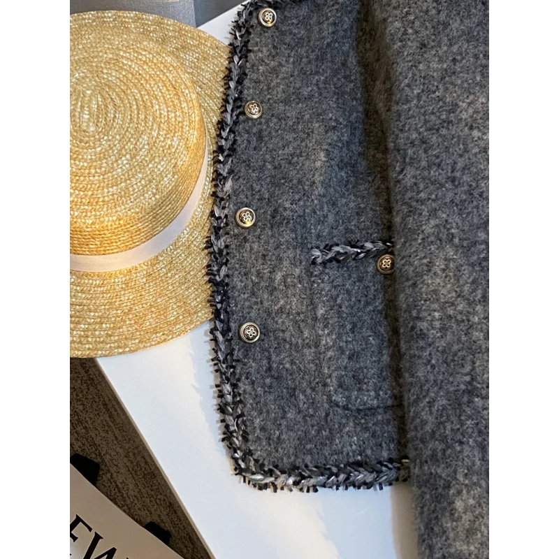 Chaqueta corta gris con pequeña fragancia para mujer, chaqueta informal sencilla a la moda, cálida, básica, de manga larga, para oficina, otoño e invierno