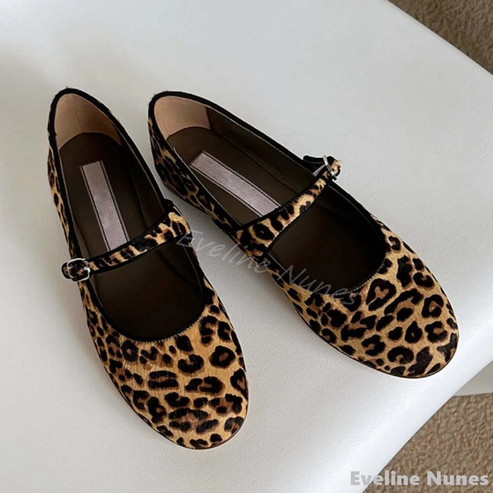 

Retro Round Toe Leopard Leather Mary Jane Shoes Women Shallow One Word Belt Buckle Flat Shoes 2025 Fashion Print Ballet Shoes