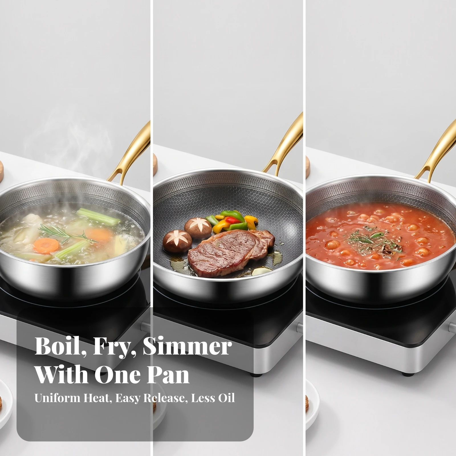 Stainless Steel Frying Pan Induction Compatible Honeycomb Frying Pan Flat Bottom Skillet Hybrid Nonstick Cookware All Cooktops