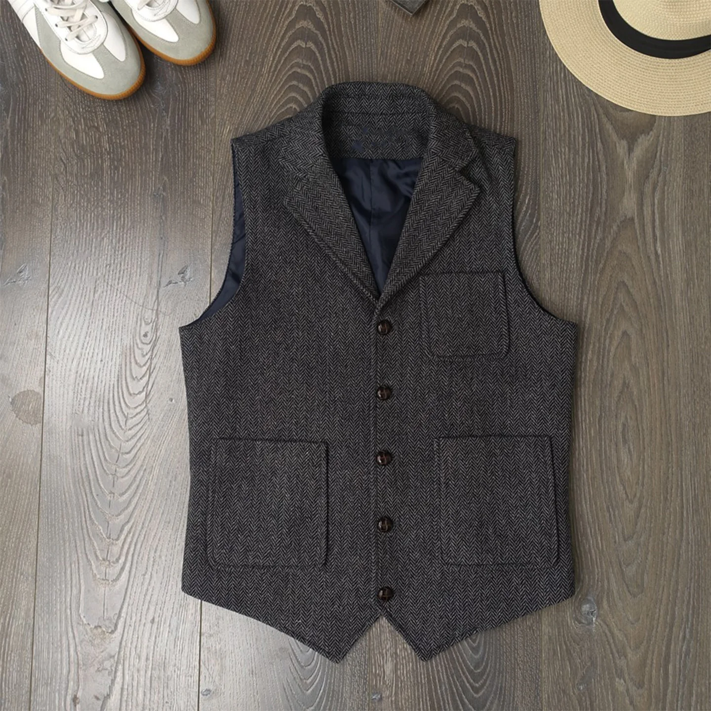 

Осенне-зимний новый американский костюм в стиле ретро для мужчин, шерстяной жилет с лацканами, формальный облегающий темно-серый костюмный жилет