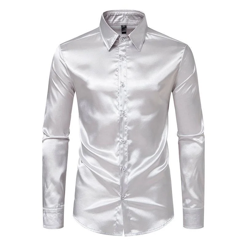 Camisa de seda de chiffon masculina manga longa único breasted ouro cetim casual fino ajuste festa formal homem roupas